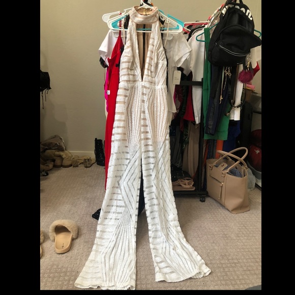 Jumpsuit white cutout sheer sparkles - Picture 3 of 6